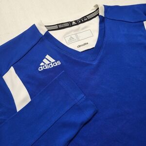 Adidas Climalite Soccer Jersey Blank Mens Medium Blue Long Sleeve Fitted V Neck